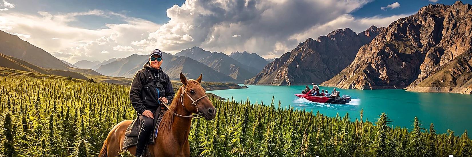 Strain Hunters rider on horseback in a wild cannabis field beside a turquoise mountain lake in Kyrgyzstan