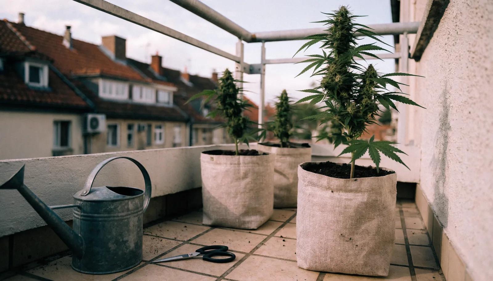 Kolme kompaktia kannabiskasvia kangasruukuissa eurooppalaisen kerrostaloasunnon parvekkeella