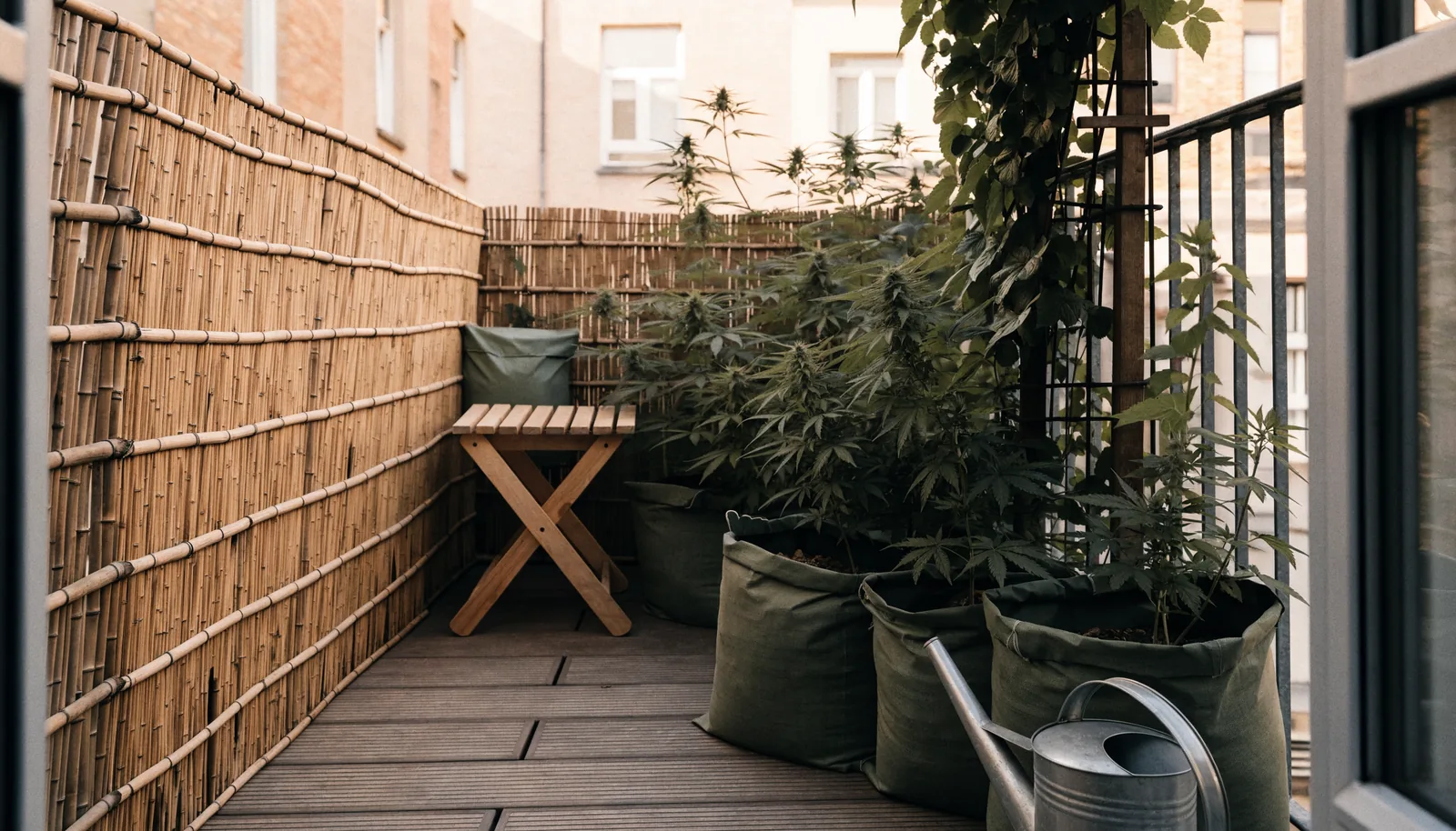 Bambunäkösuoja piilottamassa kannabiskasveja kangasruukuissa kapealla parvekkeella