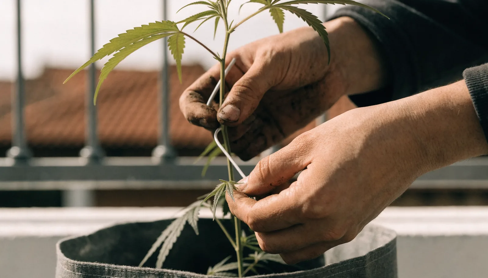 Kädet sitomassa kannabiksen oksaa kasvilangalla low-stress training -tekniikalla parvekkeella