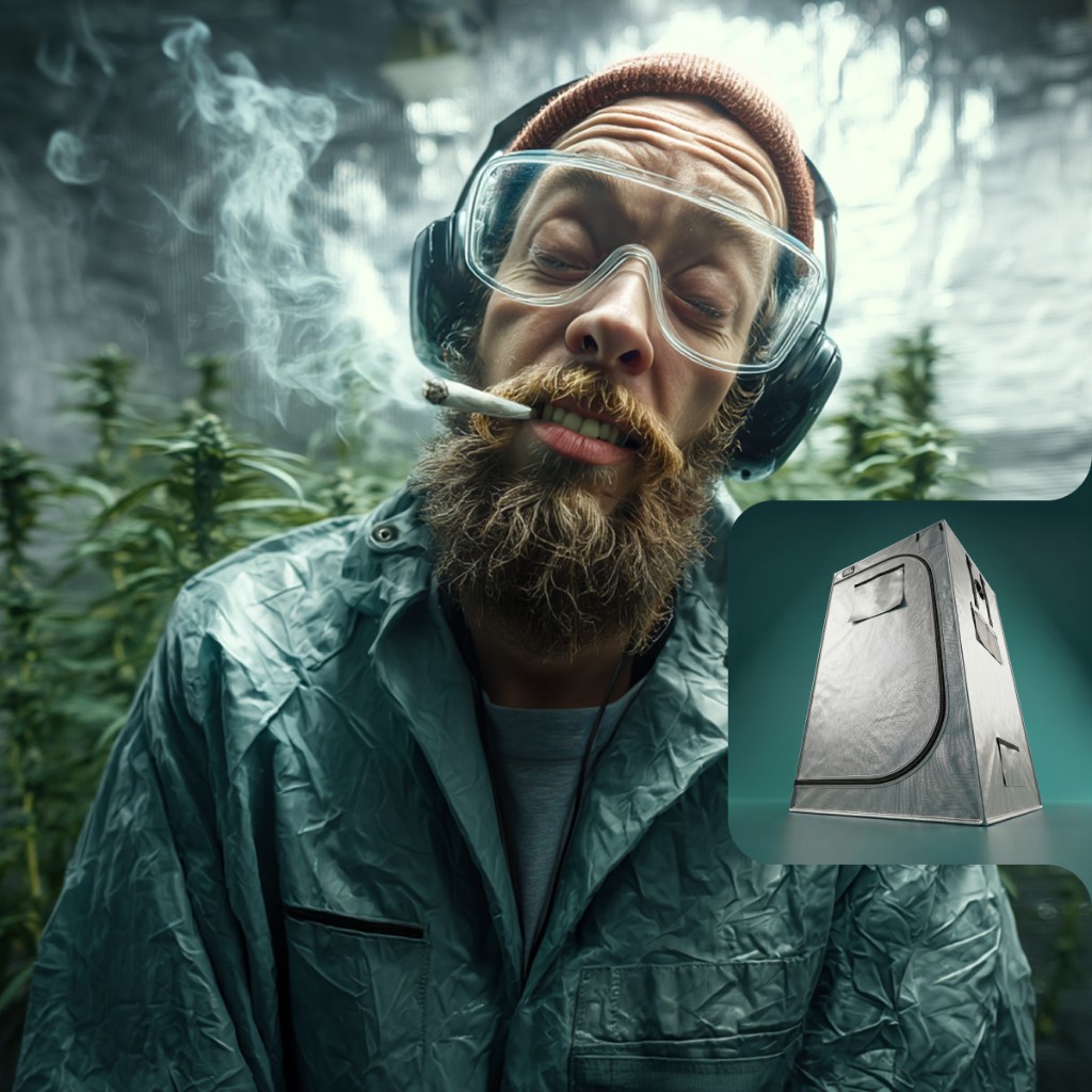 Quality control test scene with protective gear inside an active grow tent setup.